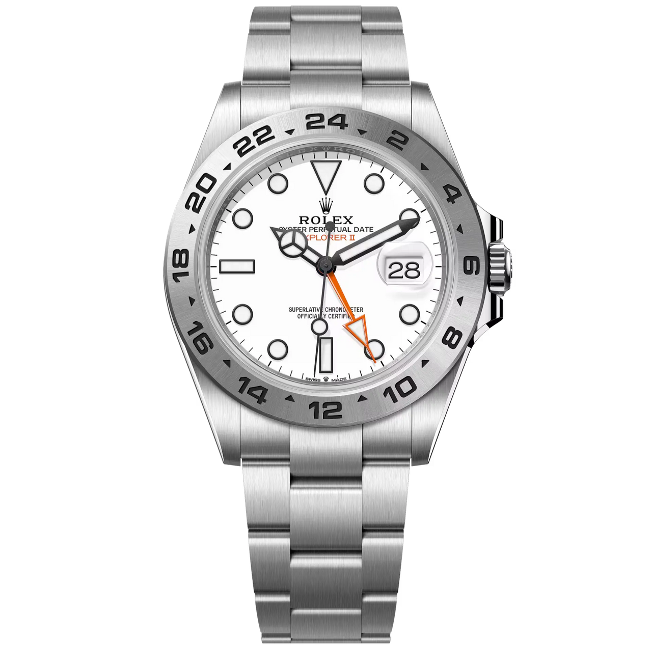 Explorer II in Oystersteel with an Oyster bracelet features a white dial with an arrow-shaped 24-hour hand and hour markers with a Chromalight display.