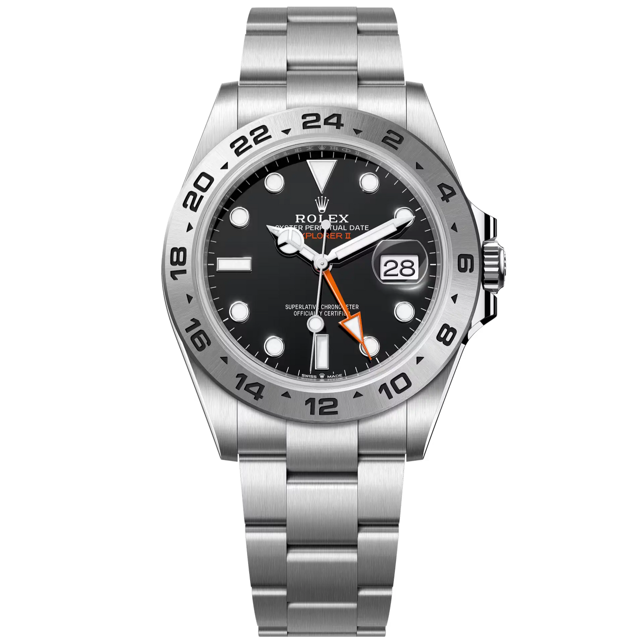 Explorer II in Oystersteel with an Oyster bracelet features a black dial with an arrow-shaped 24-hour hand and hour markers with a Chromalight display.
