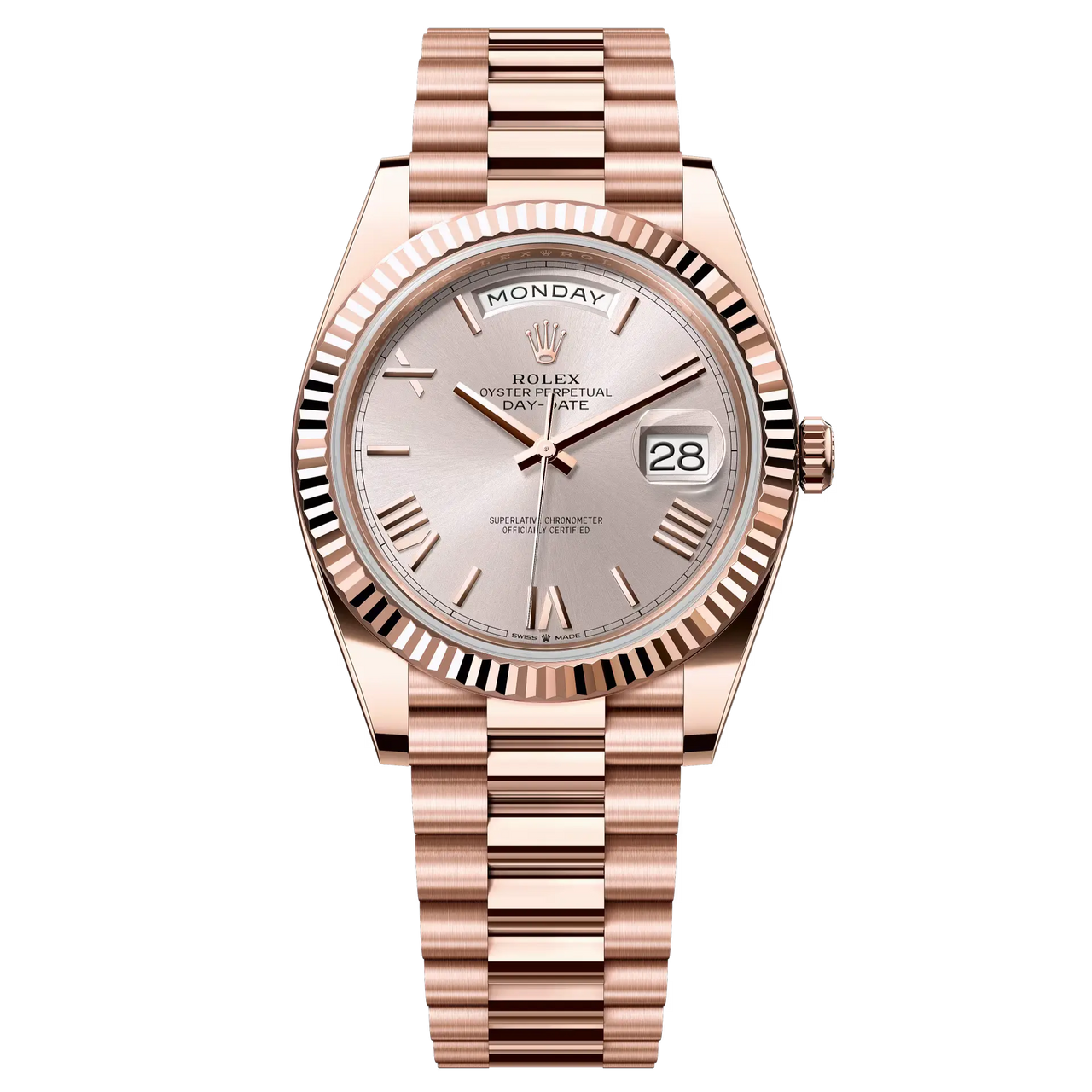 Day-Date 40 in 18 ct Everose gold with a Sundust dial, fluted bezel and a President bracelet.