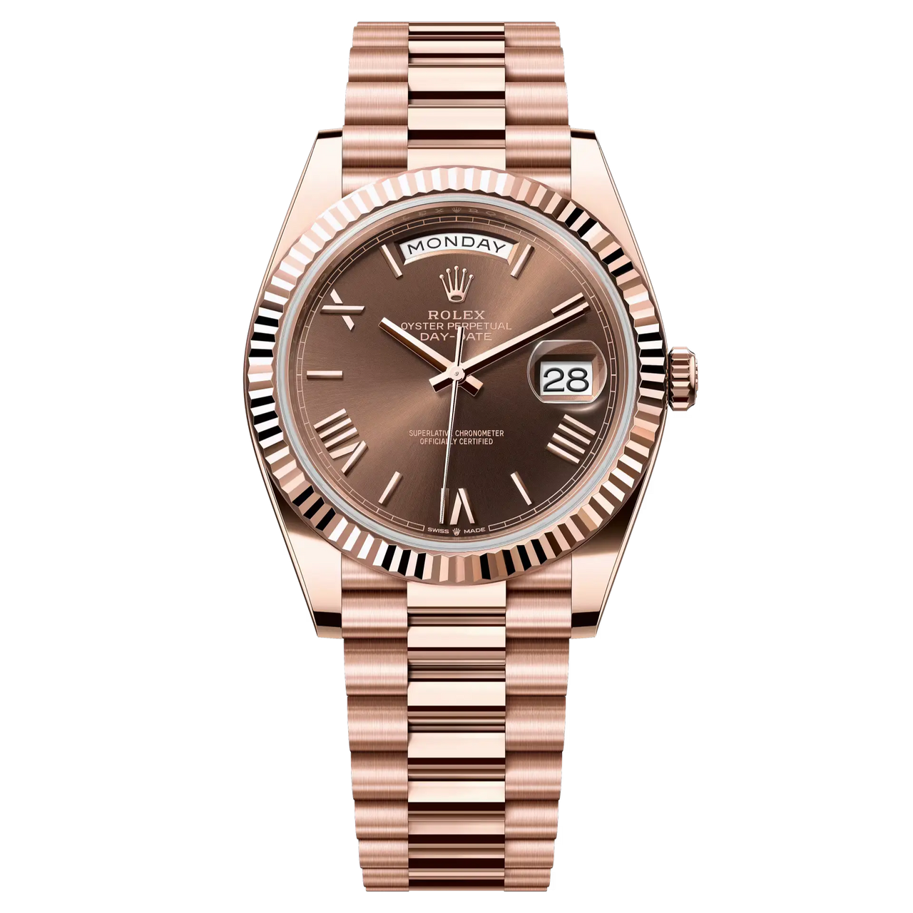 Day-Date 40 in 18 ct Everose gold with a chocolate dial, fluted bezel and a President bracelet.