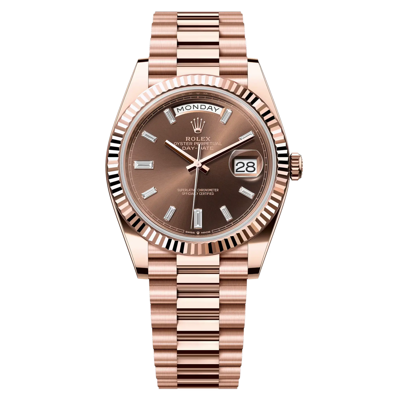 Day-Date 40 in 18 ct Everose gold with a chocolate, diamond-set dial, fluted bezel and a President bracelet.