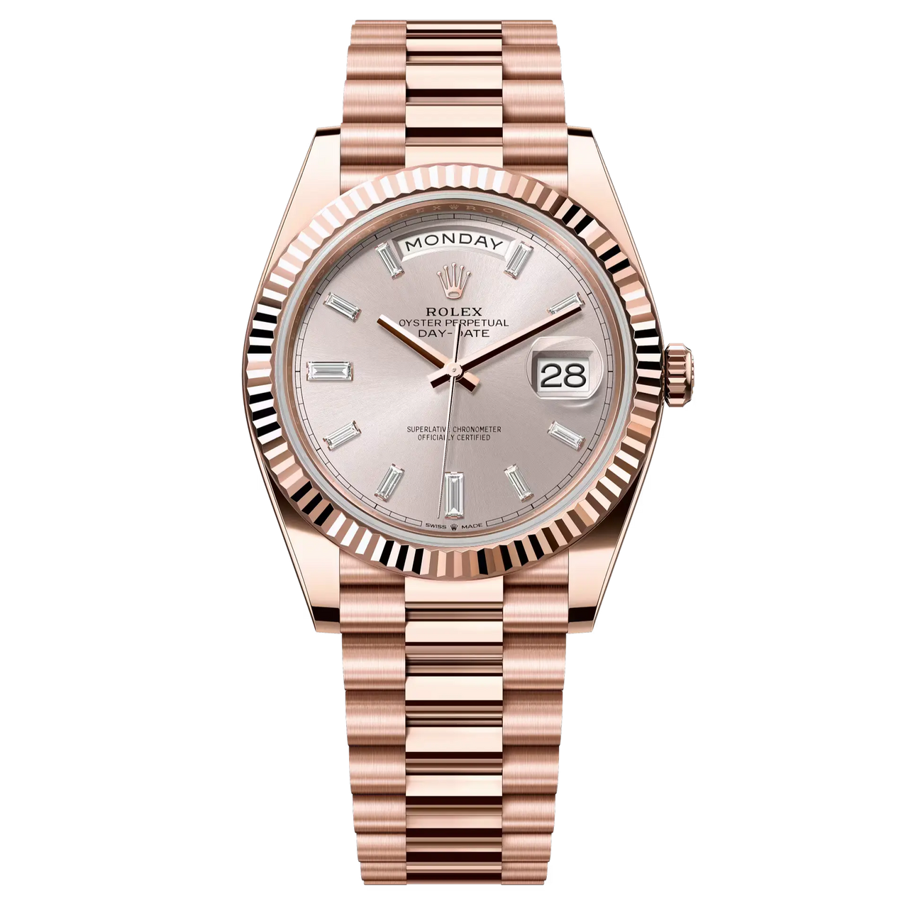 Day-Date 40 in 18 ct Everose gold with a Sundust, diamond-set dial, fluted bezel and a President bracelet.
