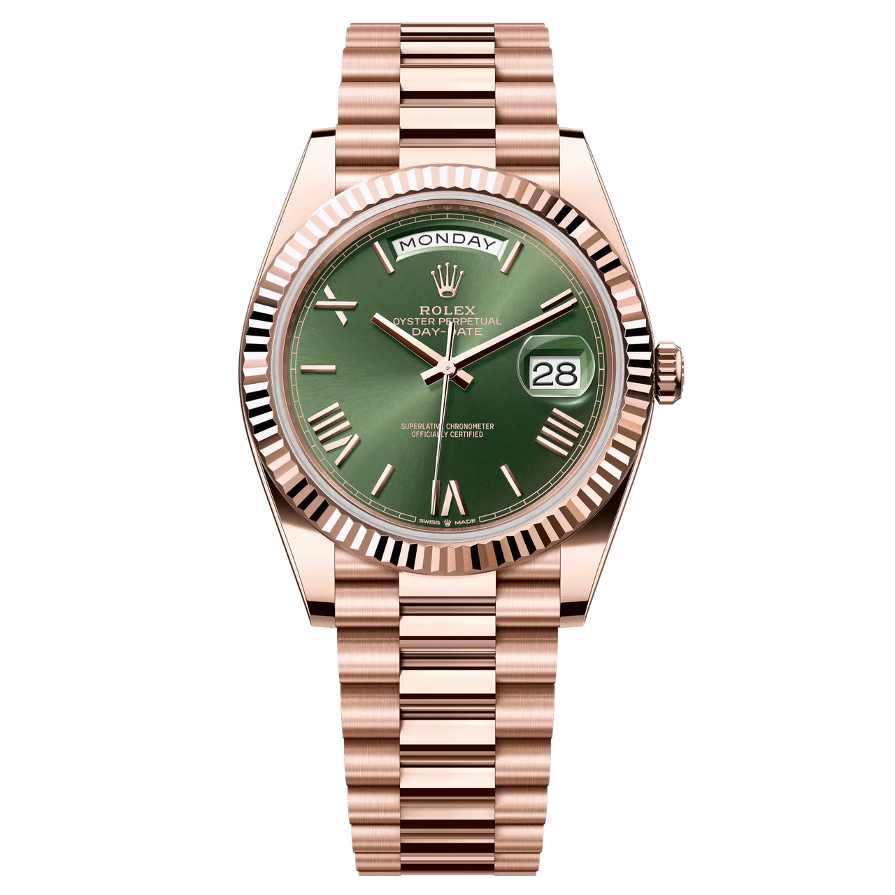 Day-Date 40 in 18 ct Everose gold with an olive-green dial, fluted bezel and a President bracelet.