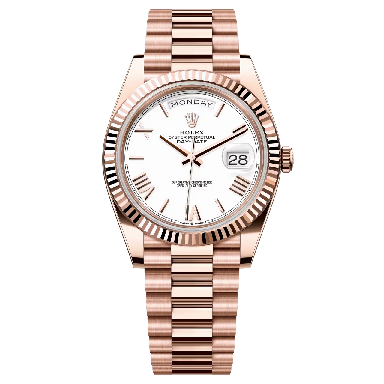 Day-Date 40 in 18 ct Everose gold with a white dial, fluted bezel and a President bracelet.