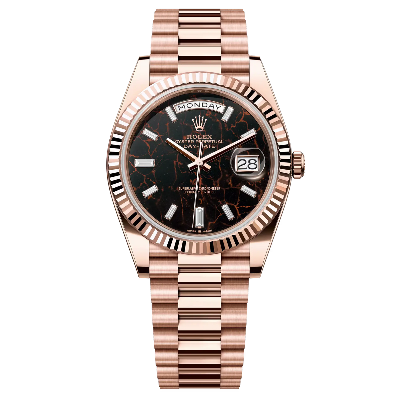 Day-Date 40 in 18 ct Everose gold with an eisenkiesel, diamond-set dial, fluted bezel and a President bracelet.