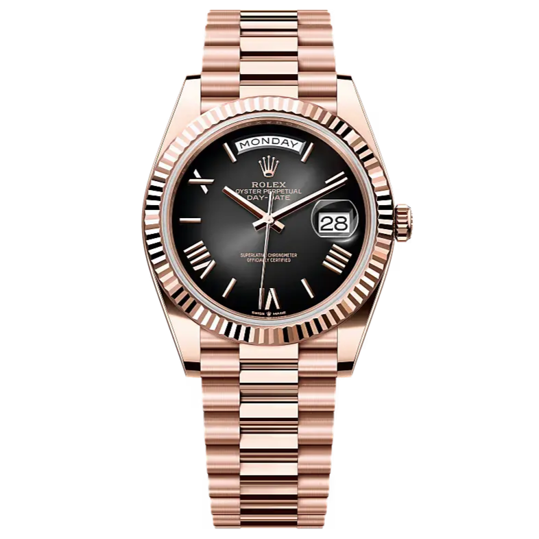 Day-Date 40 in 18 ct Everose gold with a slate ombré dial, fluted bezel and a President bracelet.