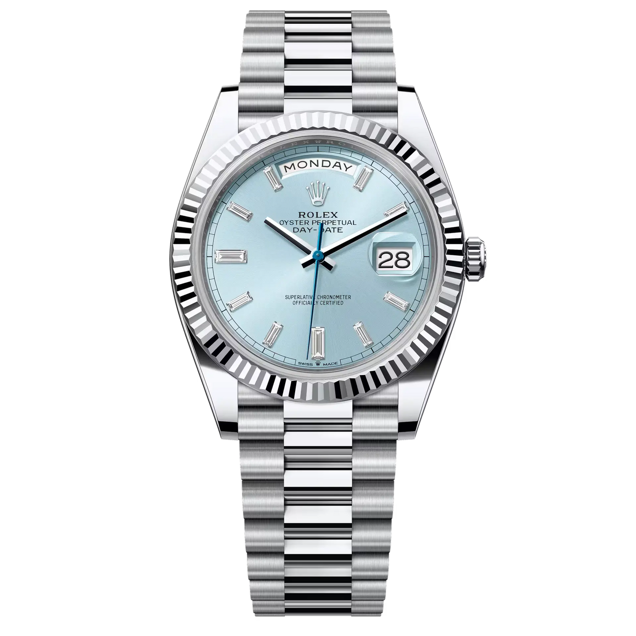 Day-Date 40 in platinum with an ice-blue, diamond-set dial, fluted bezel and a President bracelet.