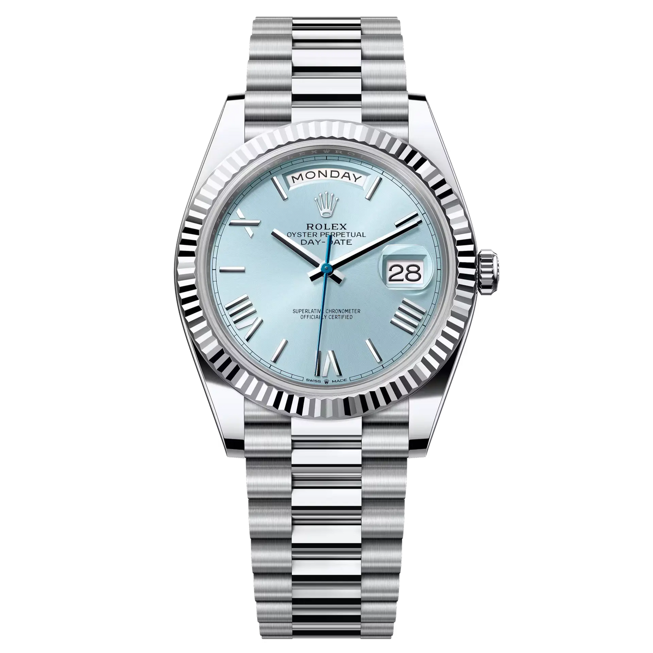 Day-Date 40 in platinum with an ice-blue dial, fluted bezel and a President bracelet.