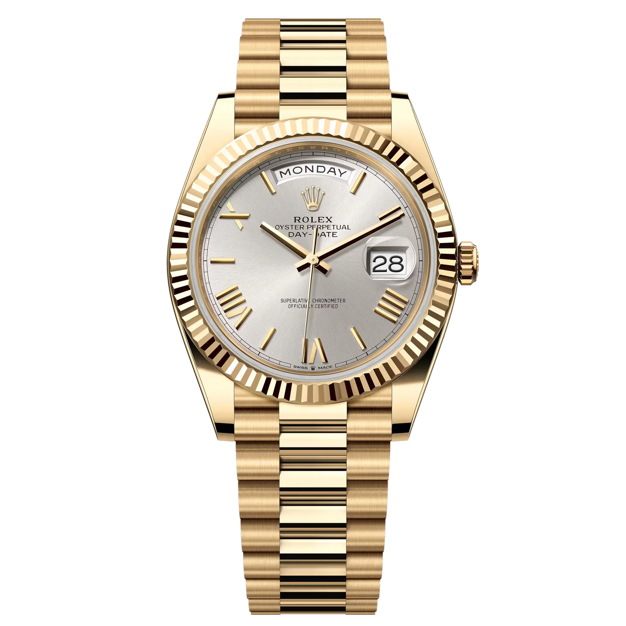 Day-Date 40 in 18 ct yellow gold with a silver dial, fluted bezel and a President bracelet.
