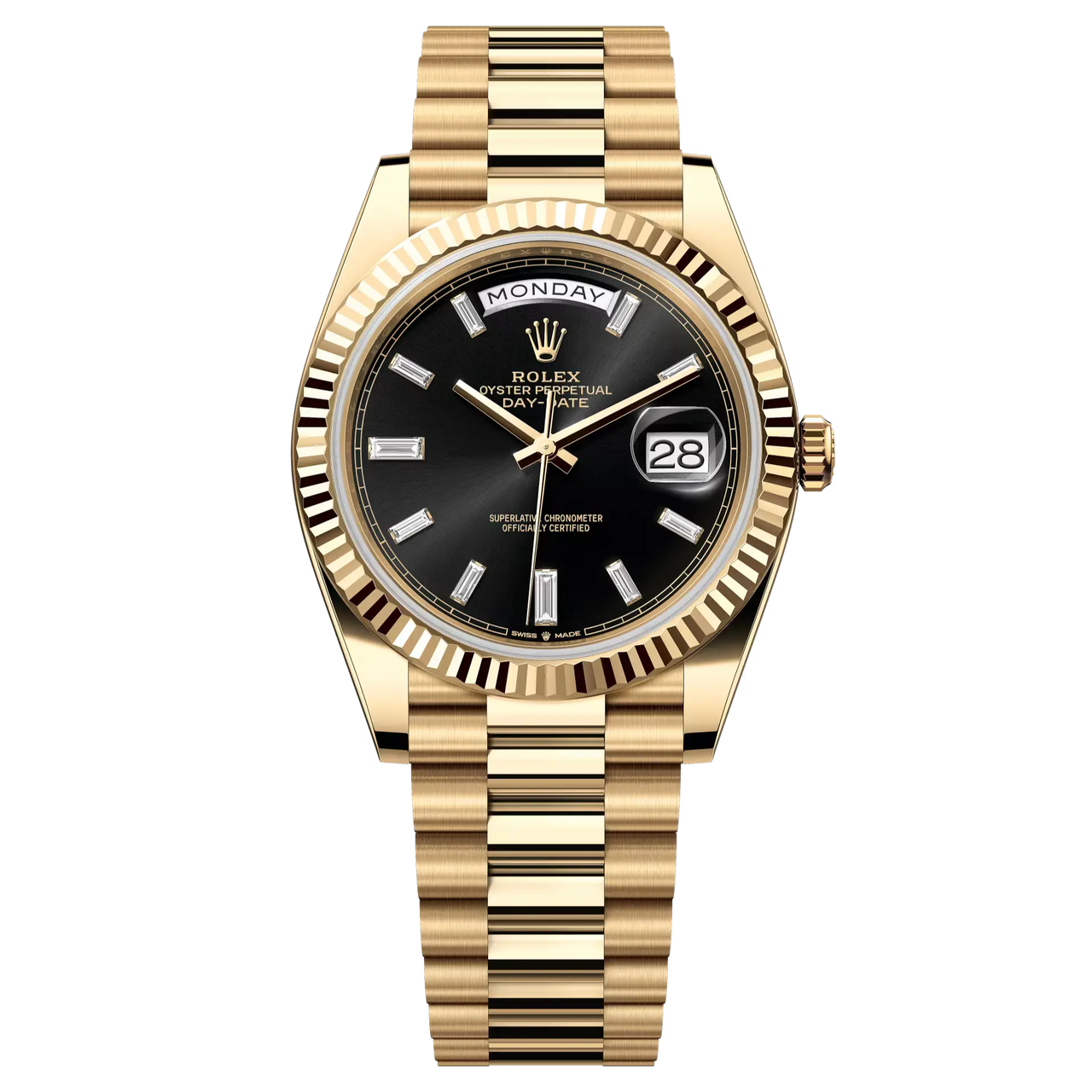 Day-Date 40 in 18 ct yellow gold with a bright black, diamond-set dial, fluted bezel and a President bracelet.