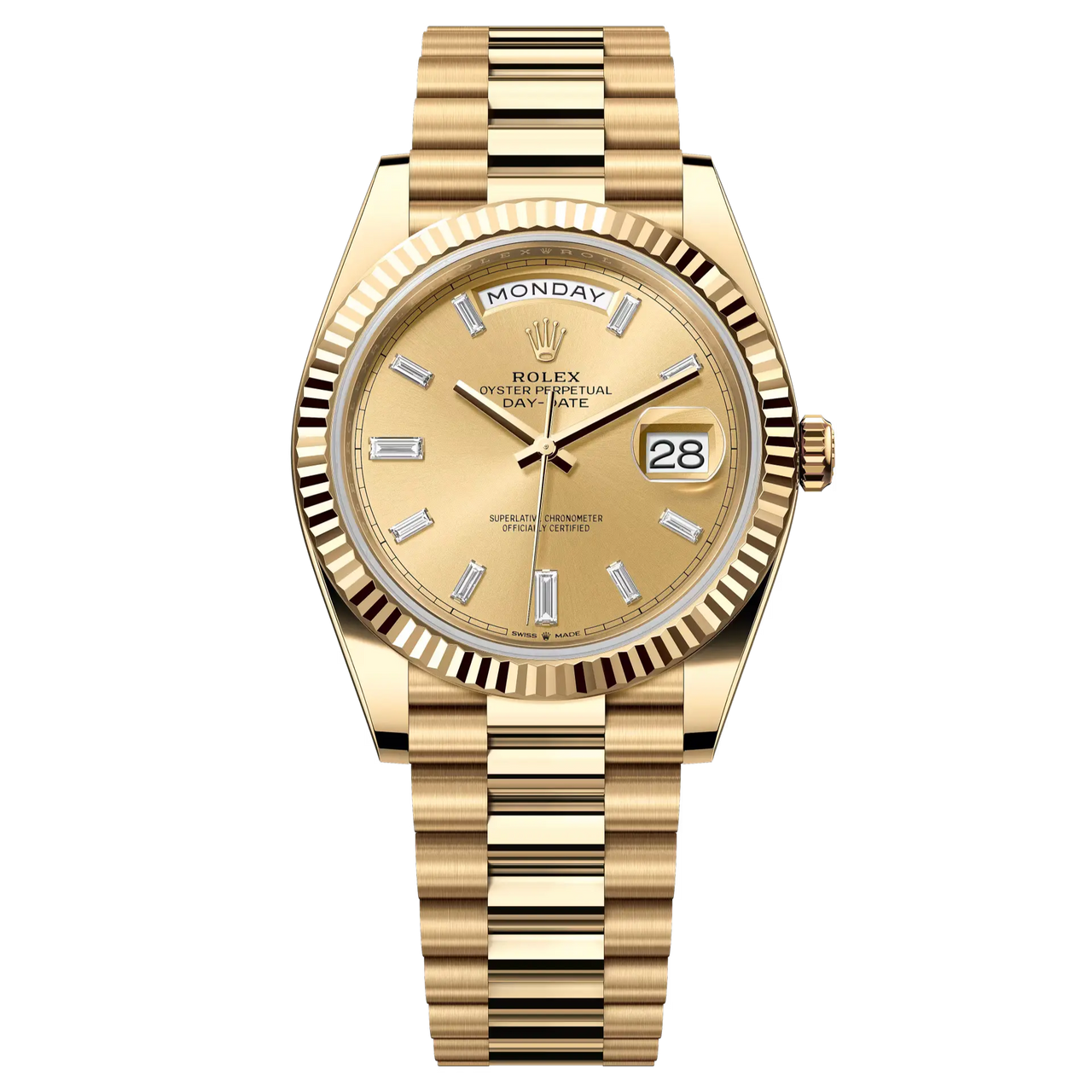Day-Date 40 in 18 ct yellow gold with a champagne colour, diamond-set dial, fluted bezel and a President bracelet.