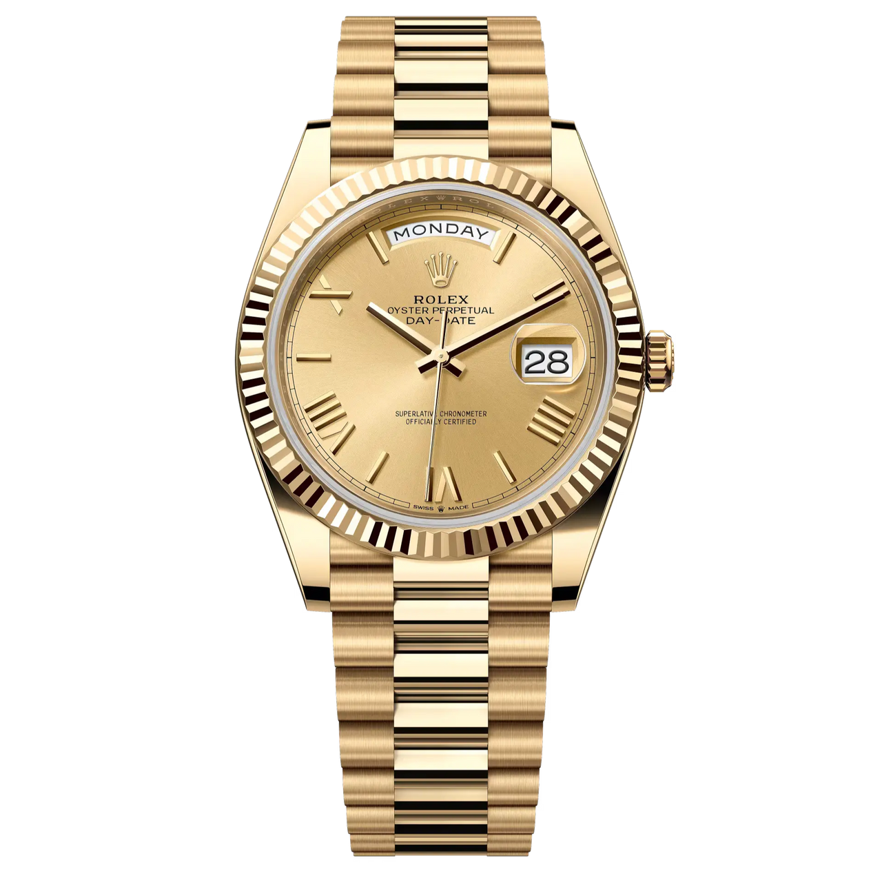 Day-Date 40 in 18 ct yellow gold with a champagne-colour dial, fluted bezel and a President bracelet.