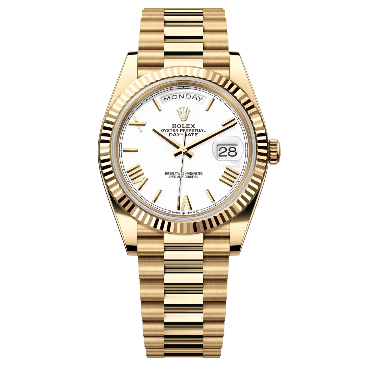 Day-Date 40 in 18 ct yellow gold with a white dial, fluted bezel and a President bracelet.