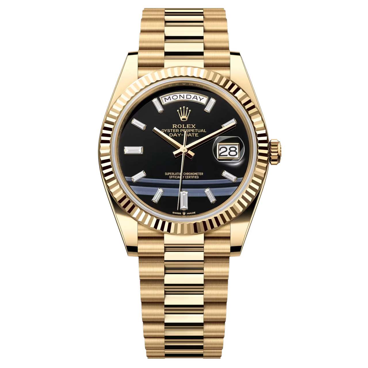 Day-Date 40 in 18 ct yellow gold with an onyx, diamond-set dial, fluted bezel and a President bracelet.