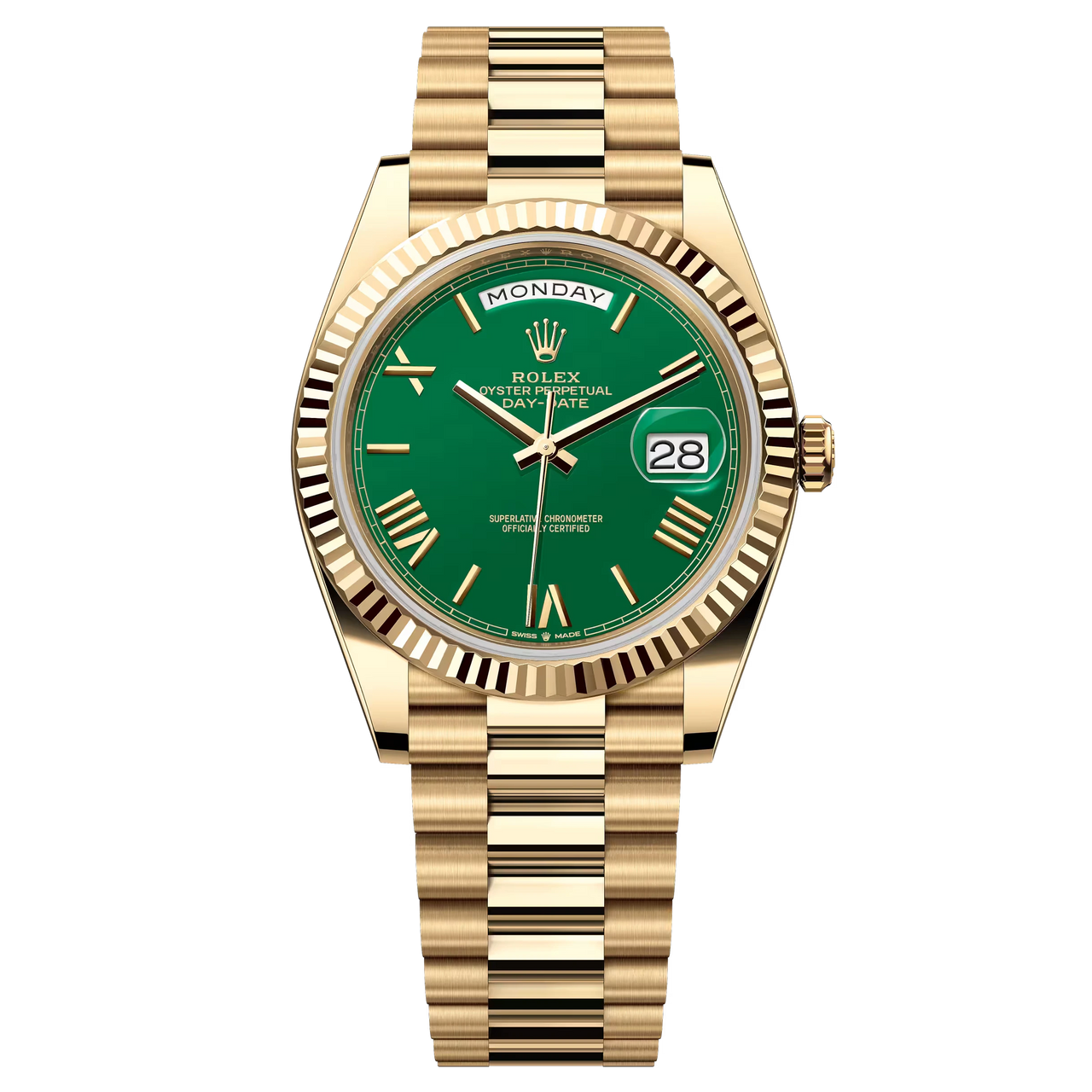 Day-Date 40 in 18 ct yellow gold with a green dial, fluted bezel and a President bracelet.