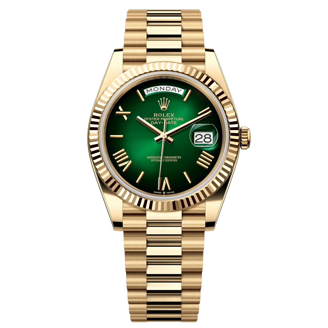 Day-Date 40 in 18 ct yellow gold with a green ombré dial, fluted bezel and a President bracelet.