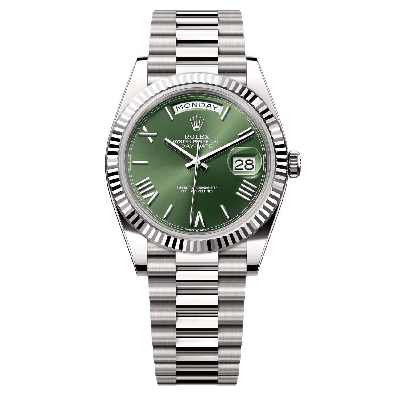 Day-Date 40 in 18 ct white gold with an olive-green dial, fluted bezel and a President bracelet.
