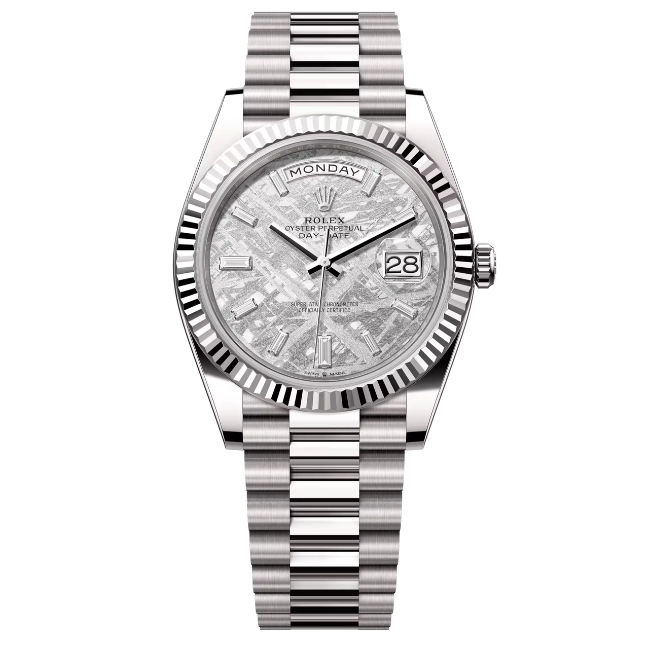 Day-Date 40 in 18 ct white gold with a meteorite, diamond-set dial, fluted bezel and a President bracelet.