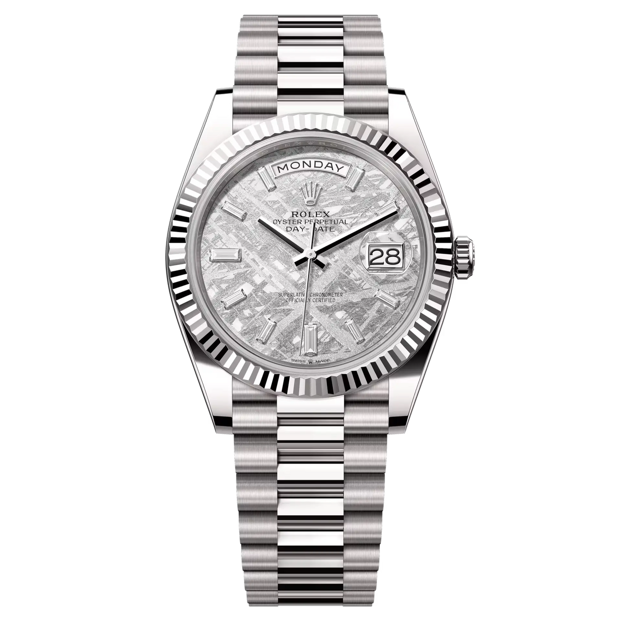 Day-Date 40 in platinum with a meteorite, diamond-set dial, fluted bezel and a President bracelet.