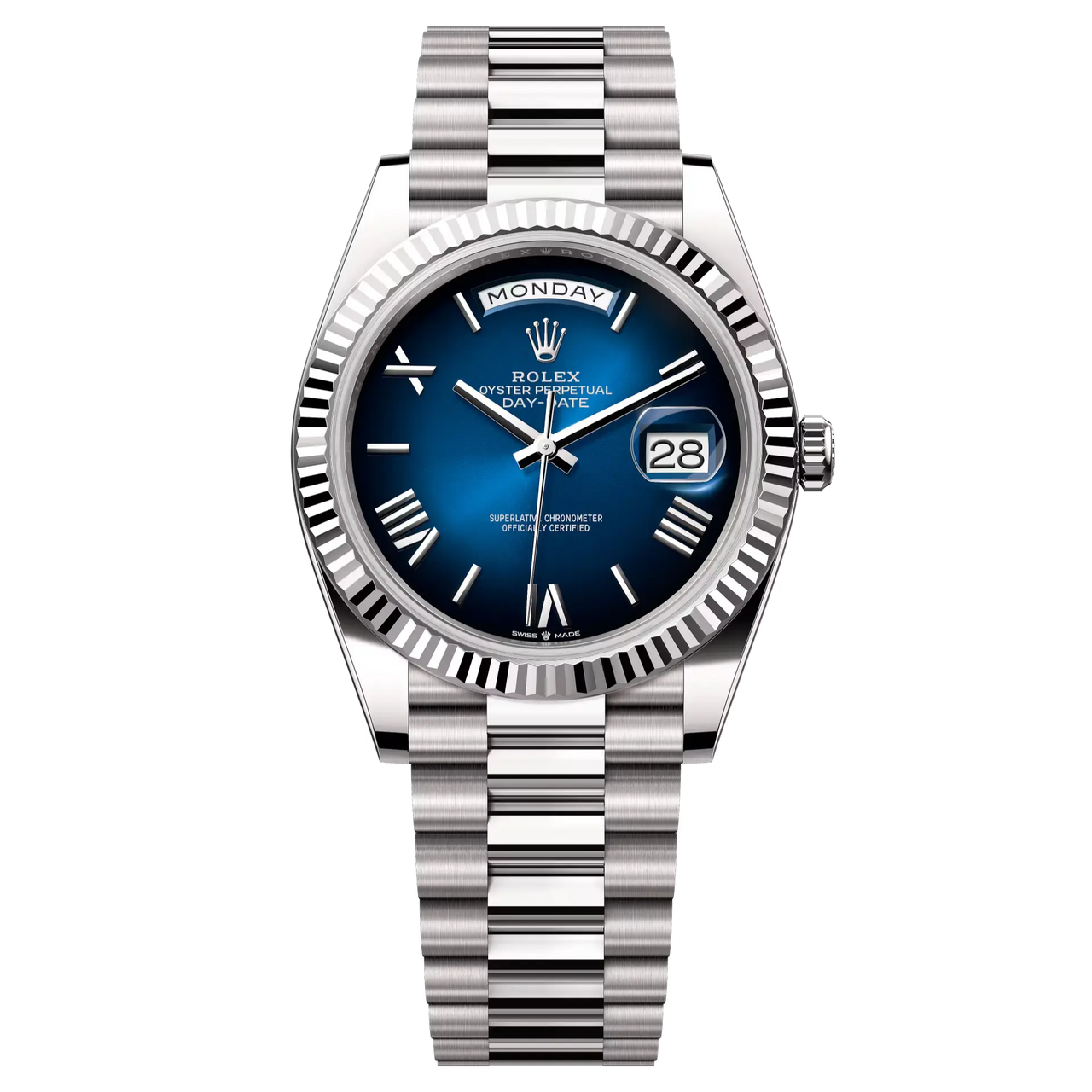Day-Date 40 in 18 ct white gold with a blue ombré dial, fluted bezel and a President bracelet.