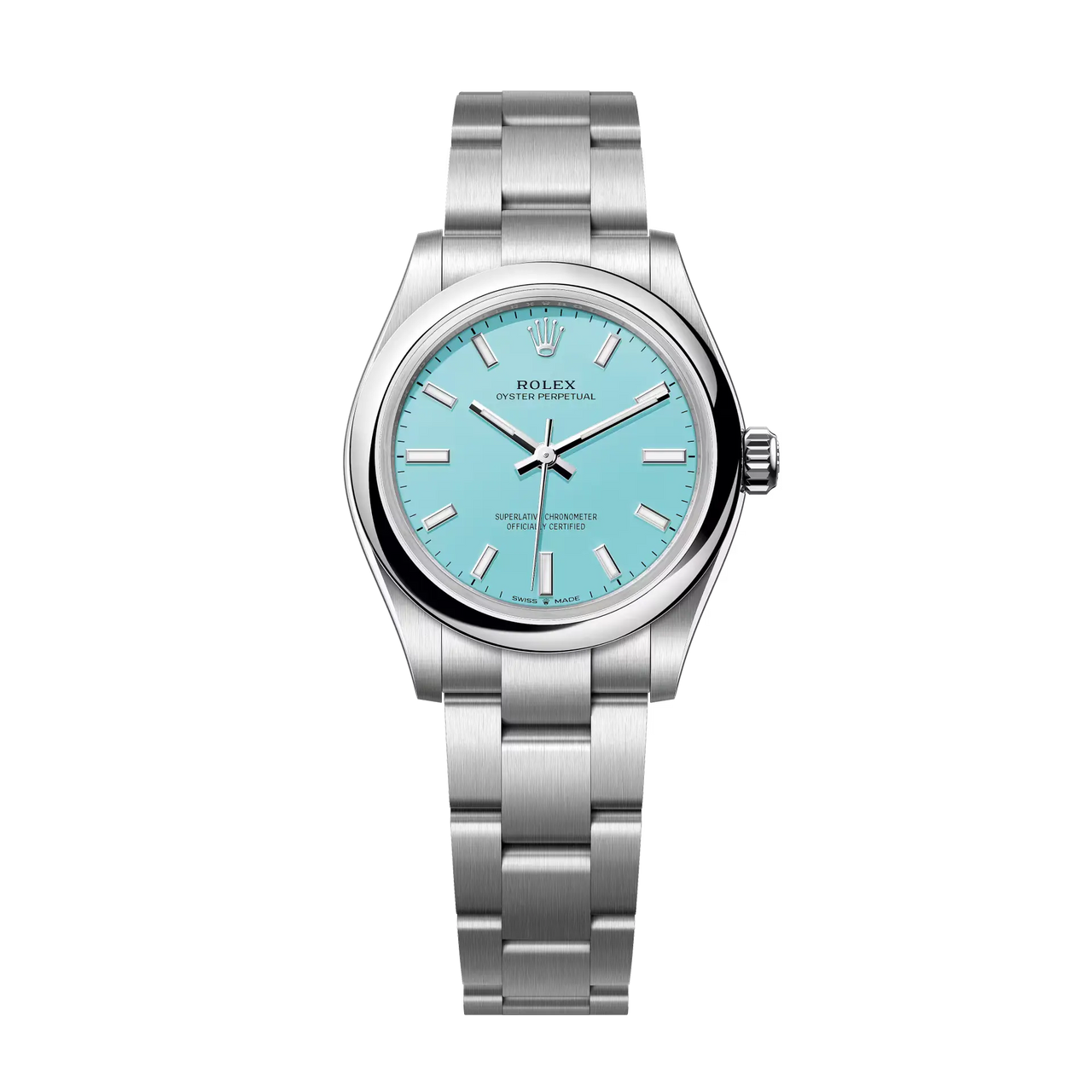 The Oyster Perpetual 31 with a turquoise blue dial and an Oyster bracelet.