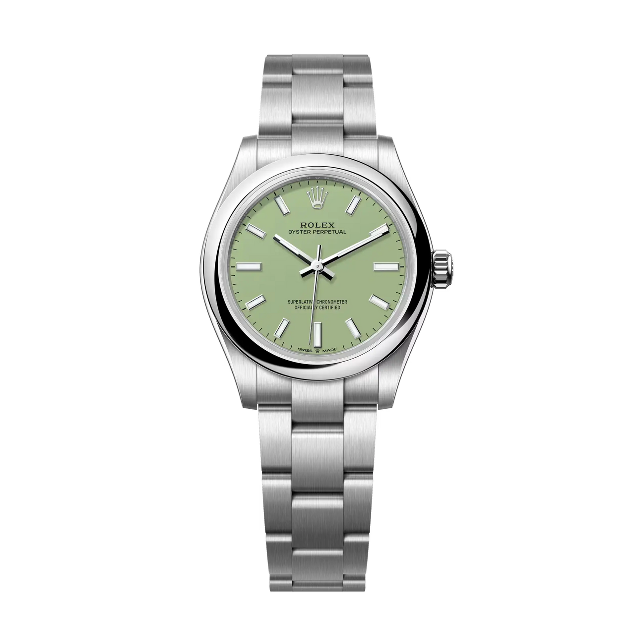 The Oyster Perpetual 31 with a pistachio dial and an Oyster bracelet.