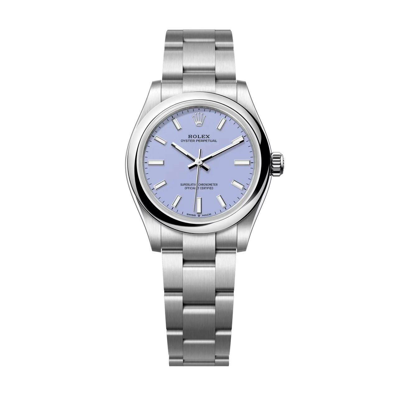 The Oyster Perpetual 31 with a lavender dial and an Oyster bracelet.