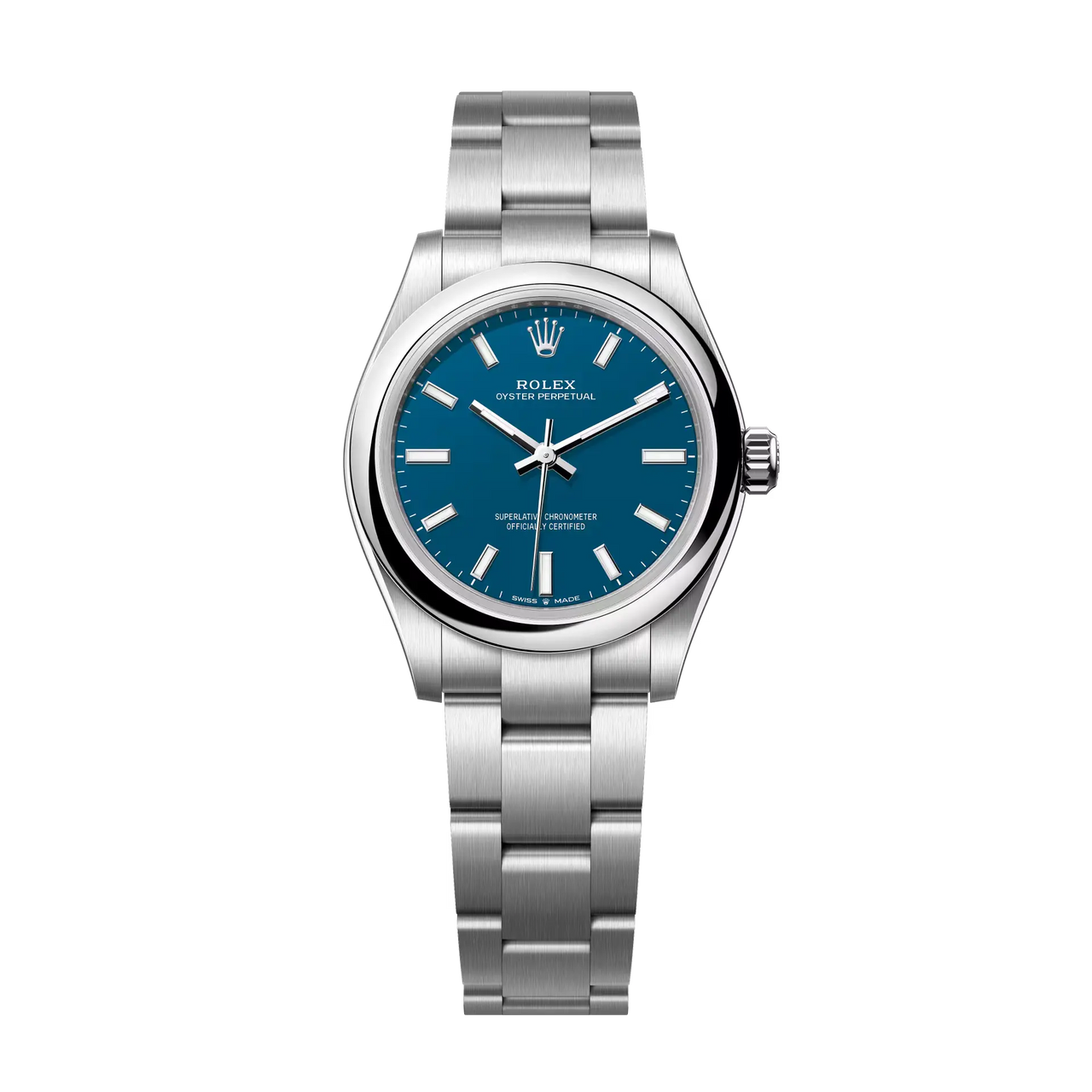 The Oyster Perpetual 31 with a med blue dial and an Oyster bracelet.