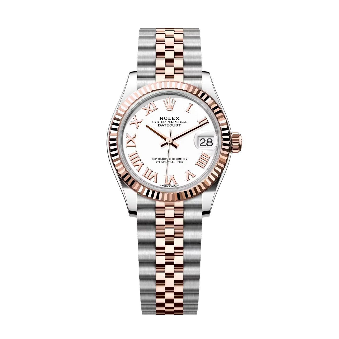 Datejust 31 in Oystersteel and Everose gold features a white dial and a Jubilee bracelet.