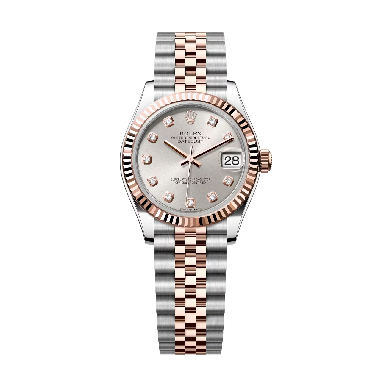 Datejust 31 in Oystersteel and Everose gold features a silver, diamond-set dial and a Jubilee bracelet.