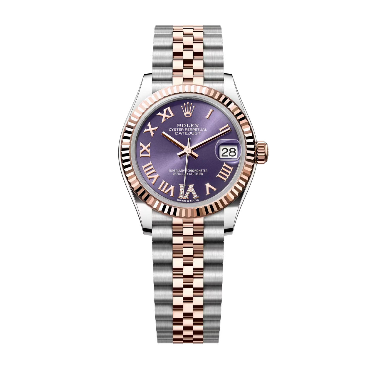 Datejust 31 in Oystersteel and Everose gold features an aubergine, diamond-set dial and a Jubilee bracelet.