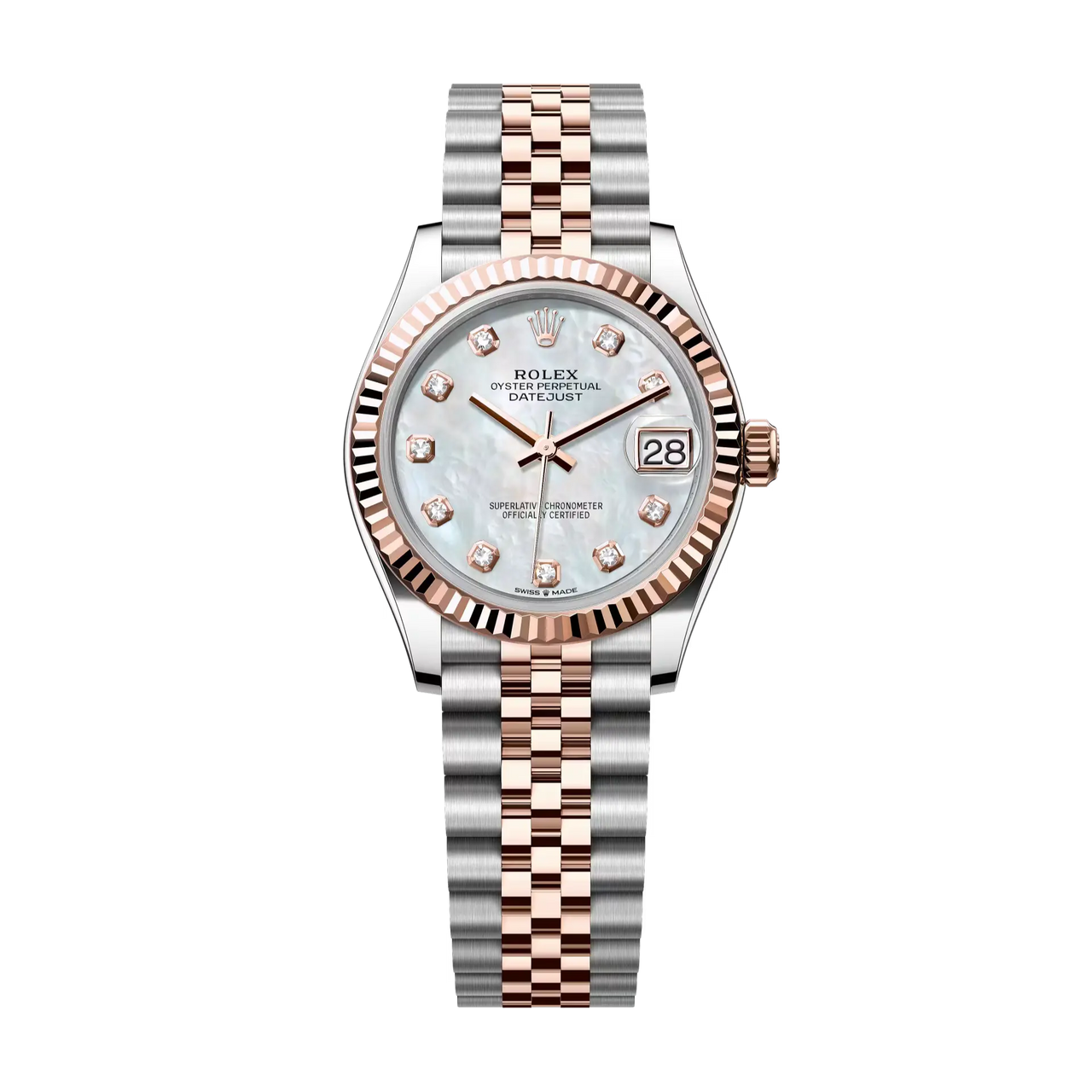 Datejust 31 in Oystersteel and Everose gold features a white mother-of-pearl, diamond-set dial and a Jubilee bracelet.
