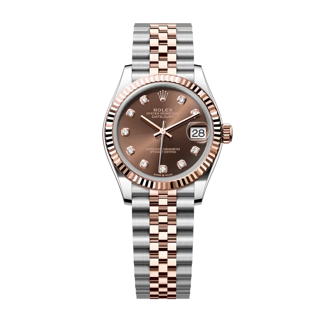 Datejust 31 in Oystersteel and Everose gold features a chocolate, diamond-set dial and a Jubilee bracelet.