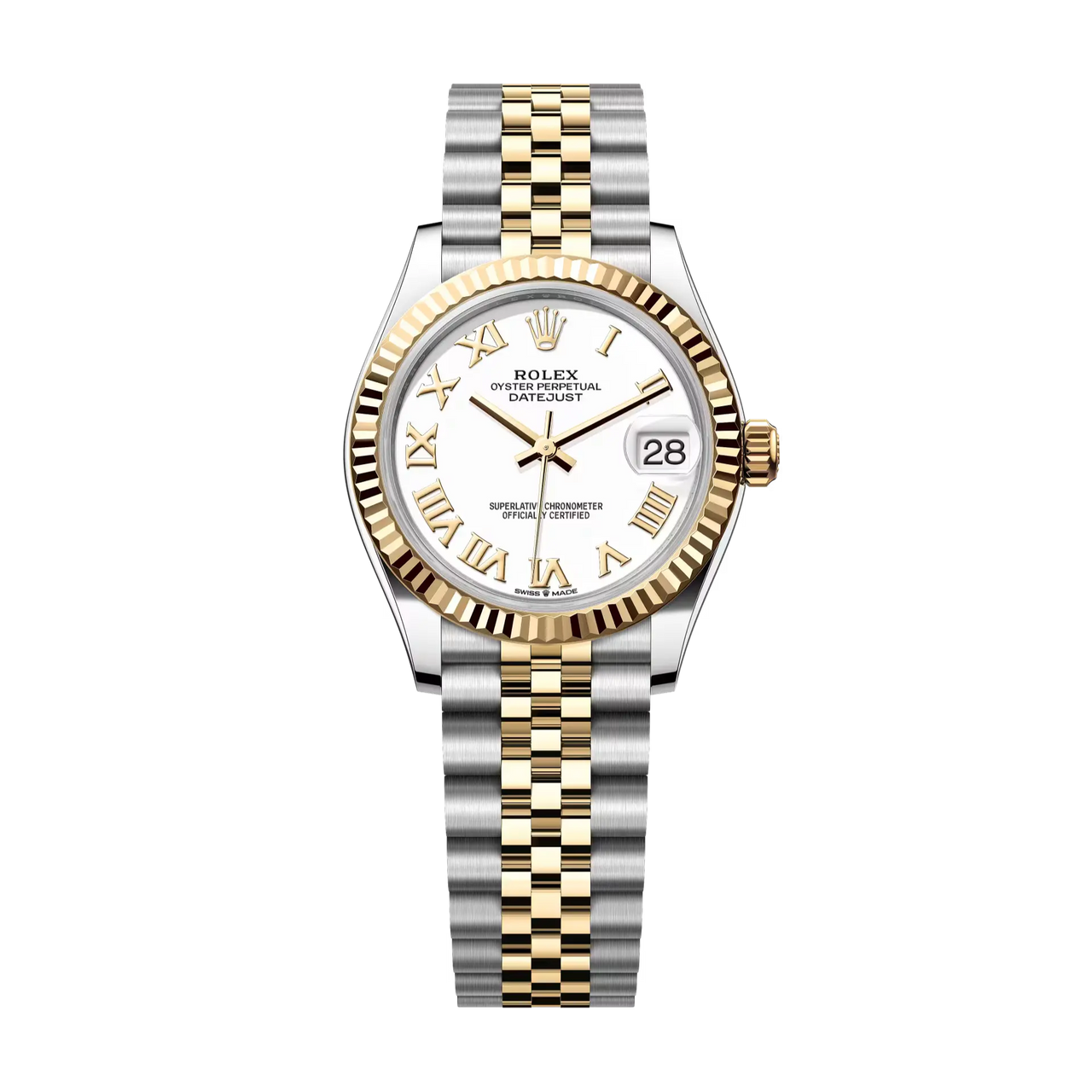 Datejust 31 in Oystersteel and yellow gold features a white dial and a Jubilee bracelet.