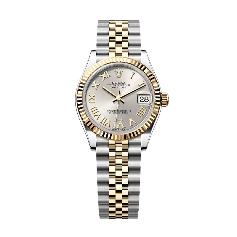 Datejust 31 in Oystersteel and yellow gold features a silver, diamond-set dial and a Jubilee bracelet.