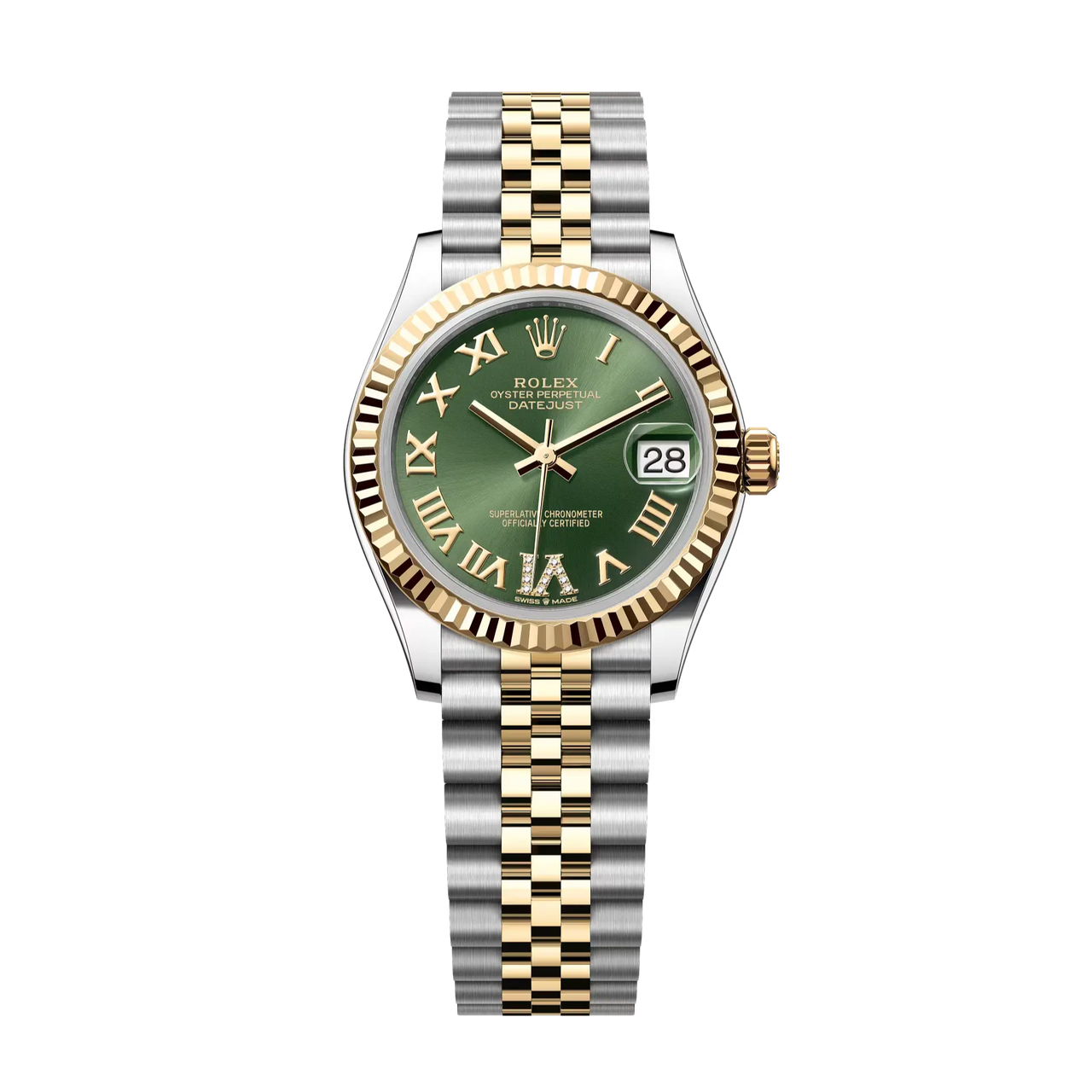 Datejust 31 in Oystersteel and yellow gold features an olive-green, diamond-set dial and a Jubilee bracelet.