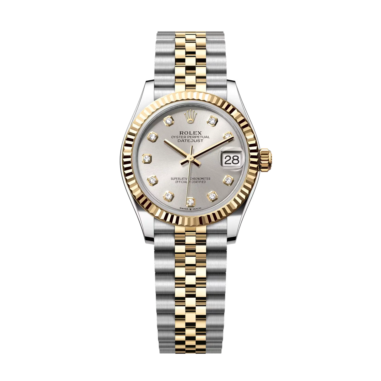 Datejust 31 in Oystersteel and yellow gold features a silver, diamond-set dial and a Jubilee bracelet.