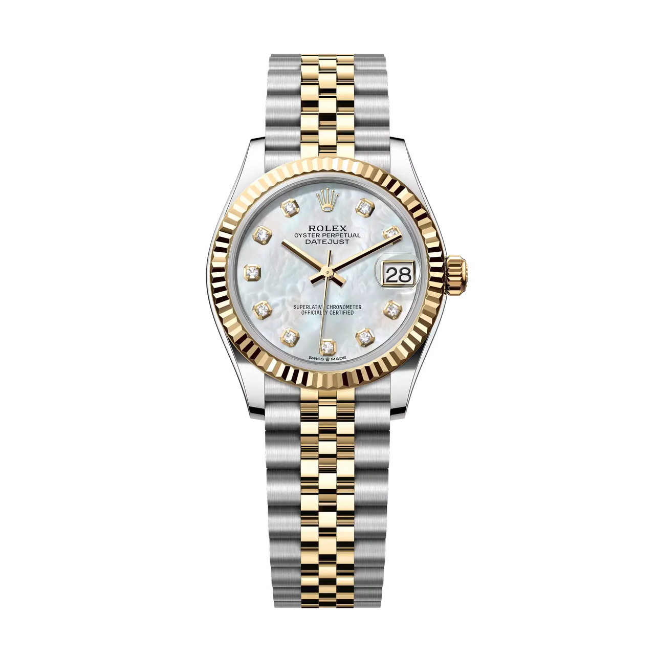 Datejust 31 in Oystersteel and yellow gold features a white mother-of-pearl, diamond-set dial and a Jubilee bracelet.