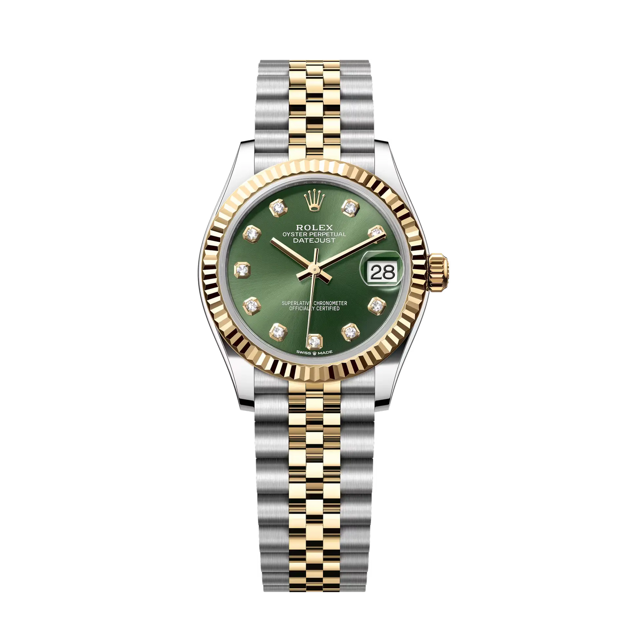 Datejust 31 in Oystersteel and yellow gold features an olive-green, diamond-set dial and a Jubilee bracelet.