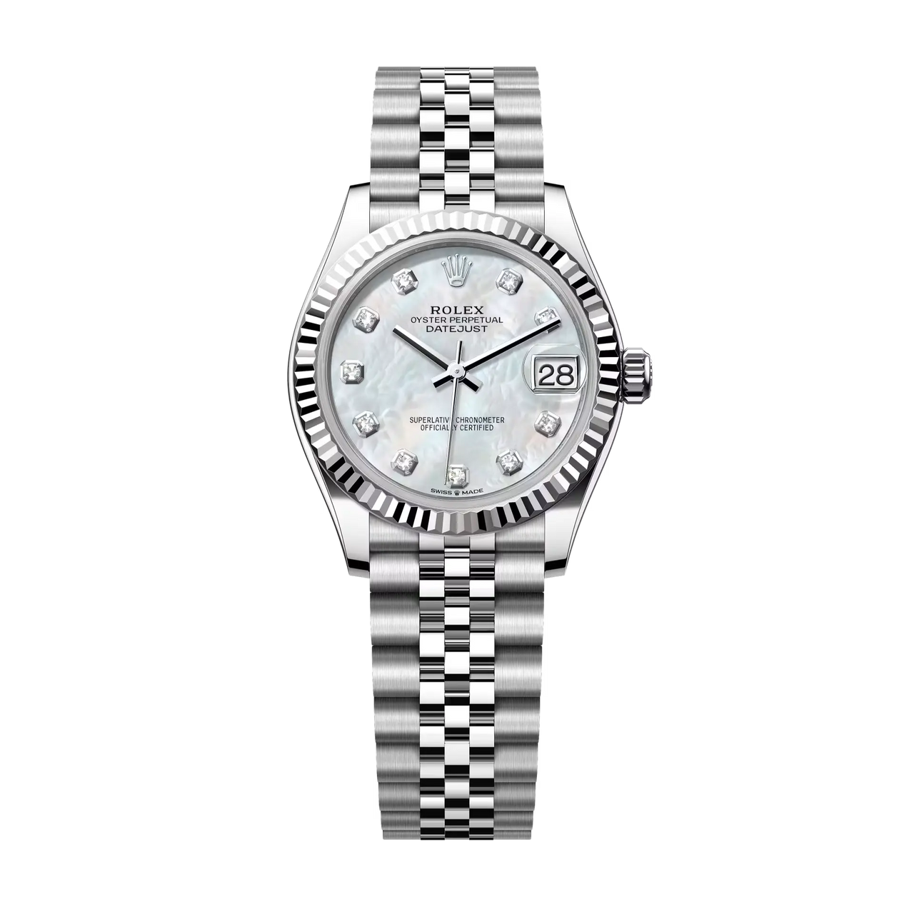 Datejust 31 in Oystersteel and white gold features a white mother-of-pearl, diamond-set dial and a Jubilee bracelet.