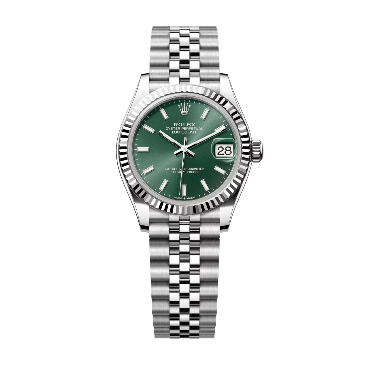 Datejust 31 in Oystersteel and white gold features a mint green dial and a Jubilee bracelet.