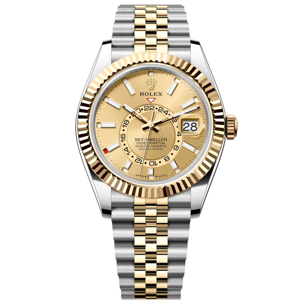 Sky-Dweller in Oystersteel and yellow gold with a champagne-colour dial and a Jubilee bracelet.