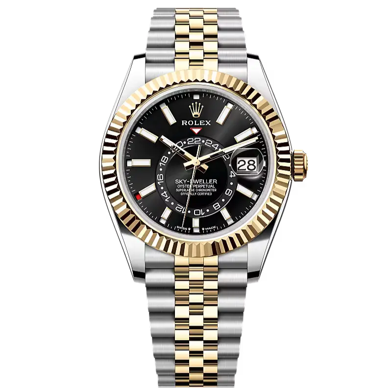 Sky-Dweller in Oystersteel and yellow gold with a bright black dial and a Jubilee bracelet.