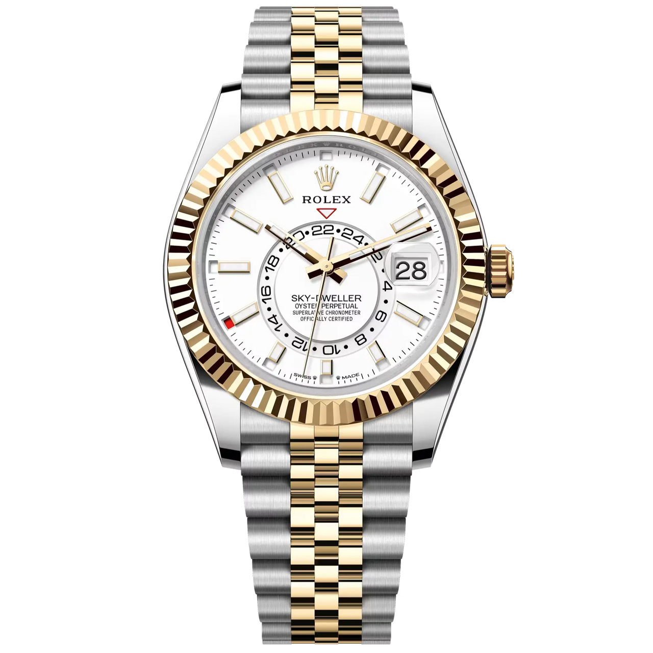 Sky-Dweller in Oystersteel and yellow gold with an intense white dial and a Jubilee bracelet.