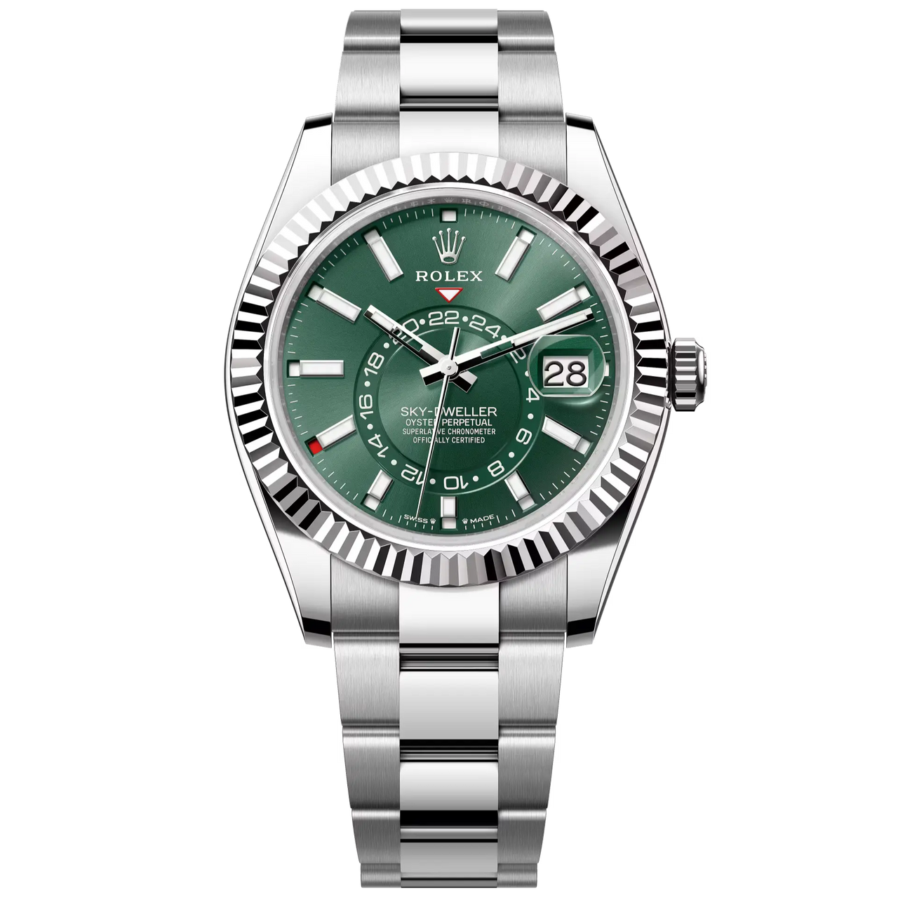 Sky-Dweller in Oystersteel and white gold with a mint green dial and an Oyster bracelet.