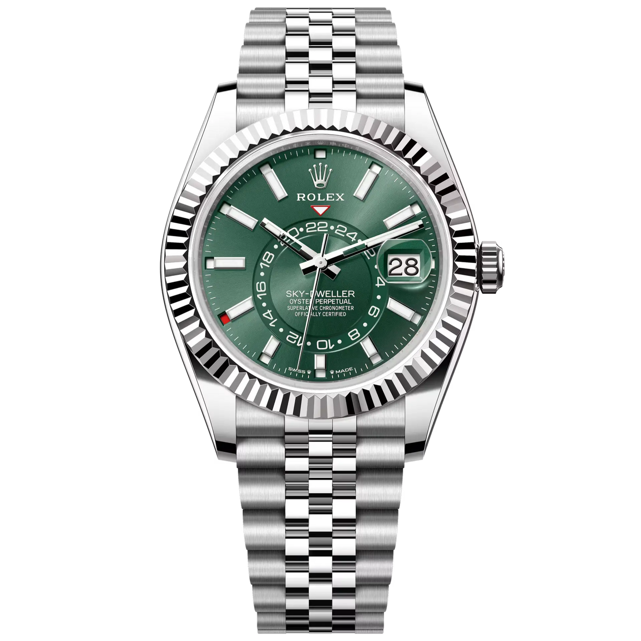 Sky-Dweller in Oystersteel and white gold with a mint green dial and a Jubilee bracelet.