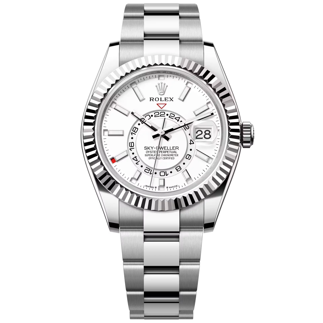 Sky-Dweller in Oystersteel and white gold with an intense white dial and an Oyster bracelet.