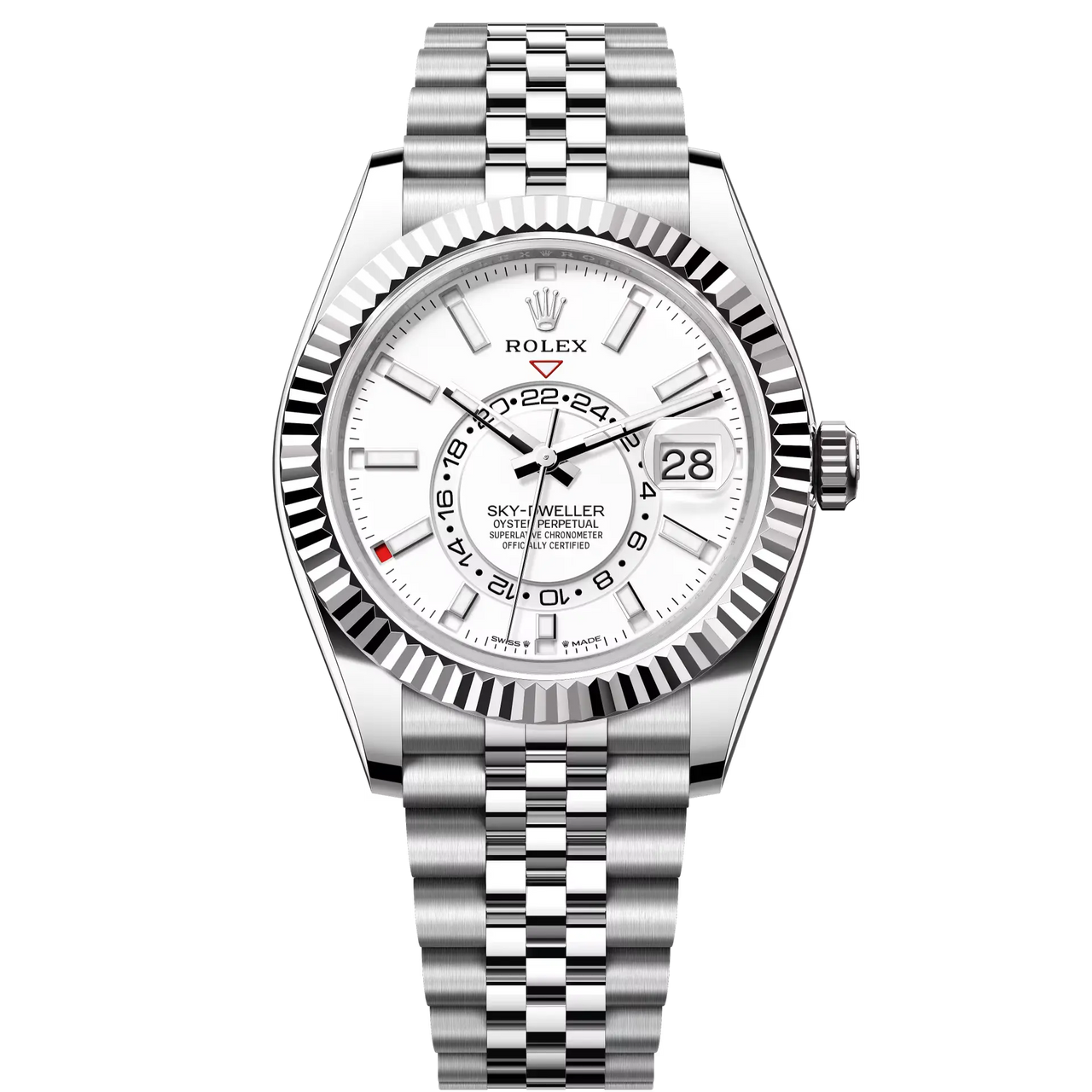 Sky-Dweller in Oystersteel and white gold with an intense white dial and a Jubilee bracelet.