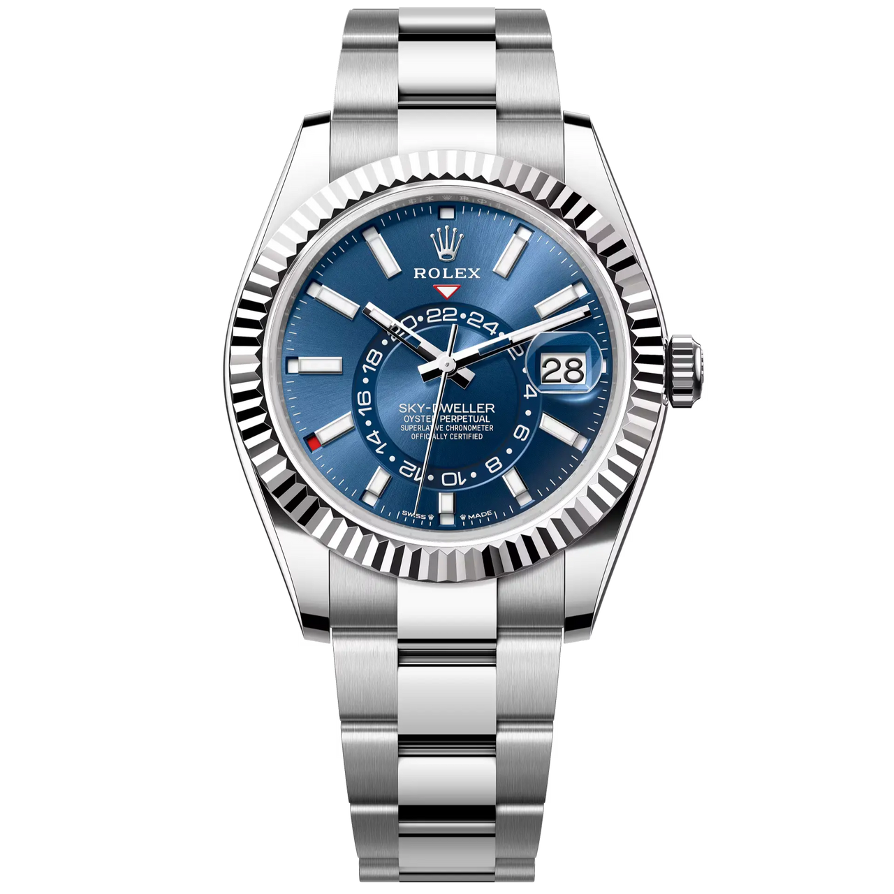 Sky-Dweller in Oystersteel and white gold with a bright blue dial and an Oyster bracelet.