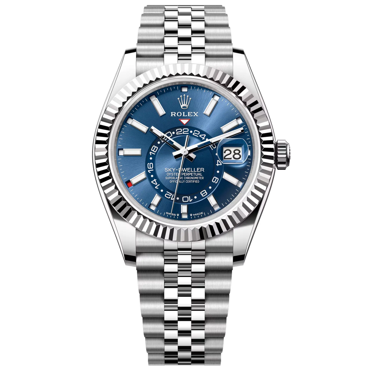 Sky-Dweller in Oystersteel and white gold with a bright blue dial and a Jubilee bracelet.
